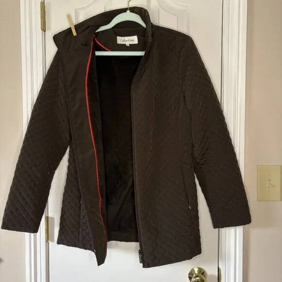 Calvin Klein Quilted Zip-Up Jacket, Dark Brown, Faux Fur Lined, Size M - Picture 3 of 8